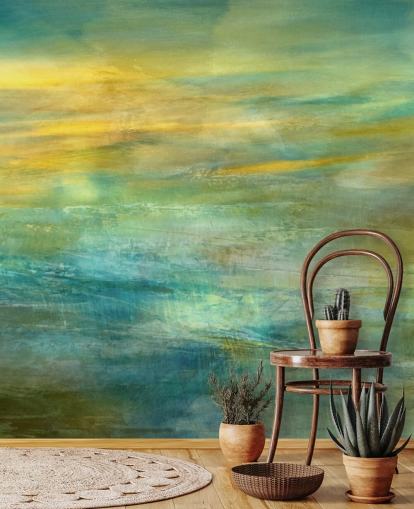 tilpassbart abstrakt veggmaleri kalt Green and Blue in Golden Glow Panoramic fra Annette Schmucker tilpassbart abstrakt veggmaleri kalt Green and Blue in Golden Glow Panoramic fra Annette Schmucker