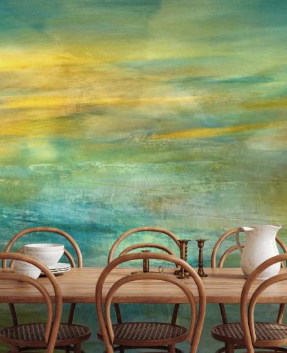 aanpasbare abstracte muurschildering genaamd Green and Blue in Golden Glow Panoramic van Annette Schmucker