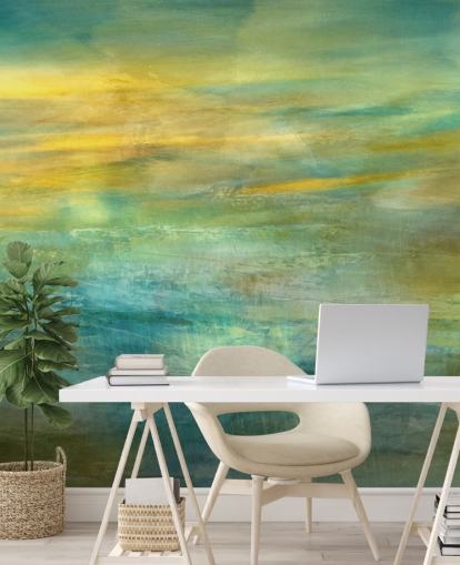 mural abstracto personalizable llamado Green and Blue in Golden Glow Panoramic de Annette Schmucker mural abstracto personalizable llamado Green and Blue in Golden Glow Panoramic de Annette Schmucker
