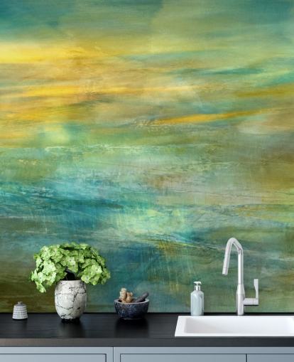 customisable abstract mural called Green and Blue in Golden Glow Panoramic from Annette Schmucker customisable abstract mural called Green and Blue in Golden Glow Panoramic from Annette Schmucker