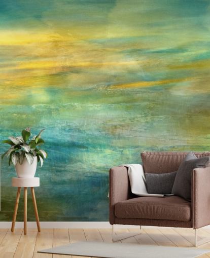 anpassningsbar abstrakt väggmålning kallad Green and Blue i Golden Glow Panoramic från Annette Schmucker anpassningsbar abstrakt väggmålning kallad Green and Blue i Golden Glow Panoramic från Annette Schmucker