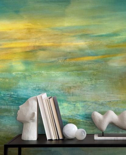 aanpasbare abstracte muurschildering genaamd Green and Blue in Golden Glow Panoramic van Annette Schmucker aanpasbare abstracte muurschildering genaamd Green and Blue in Golden Glow Panoramic van Annette Schmucker