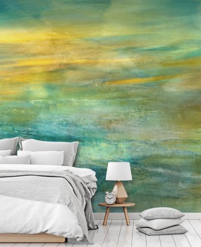 customizable abstract mural called Green and Blue in Golden Glow Panoramic from Annette Schmucker customizable abstract mural called Green and Blue in Golden Glow Panoramic from Annette Schmucker