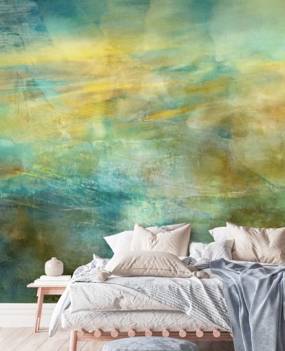 peinture murale abstraite personnalisable intitulée Green and Blue in Golden Glow de l'artiste Annette Schmucker peinture murale abstraite personnalisable intitulée Green and Blue in Golden Glow de l'artiste Annette Schmucker
