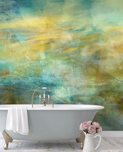 mural abstrato personalizável chamado Green and Blue in Golden Glow da artista Annette Schmucker