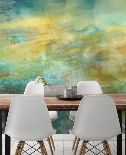 customizable abstract mural called Green and Blue in Golden Glow from artist Annette Schmucker