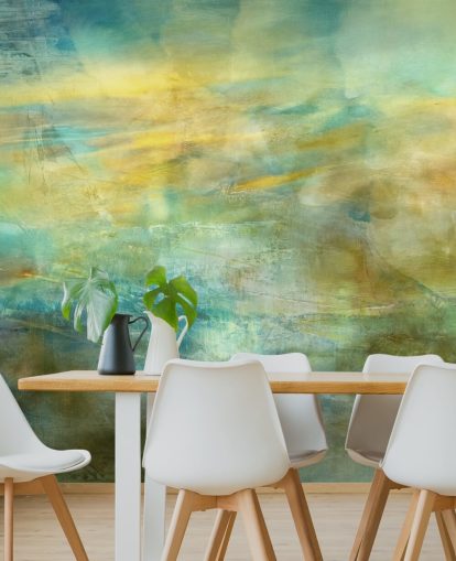 mural abstrato personalizável chamado Green and Blue in Golden Glow da artista Annette Schmucker mural abstrato personalizável chamado Green and Blue in Golden Glow da artista Annette Schmucker