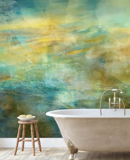 mural abstracto personalizable llamado Green and Blue in Golden Glow de la artista Annette Schmucker mural abstracto personalizable llamado Green and Blue in Golden Glow de la artista Annette Schmucker