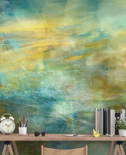 aanpasbare abstracte muurschildering genaamd Green and Blue in Golden Glow van kunstenaar Annette Schmucker