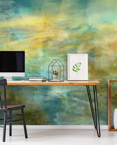 mural abstracto personalizable llamado Green and Blue in Golden Glow de la artista Annette Schmucker mural abstracto personalizable llamado Green and Blue in Golden Glow de la artista Annette Schmucker