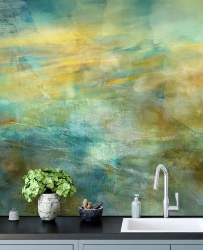personalisierbares abstraktes Wandbild mit dem Titel Green and Blue in Golden Glow von der Künstlerin Annette Schmucker personalisierbares abstraktes Wandbild mit dem Titel Green and Blue in Golden Glow von der Künstlerin Annette Schmucker