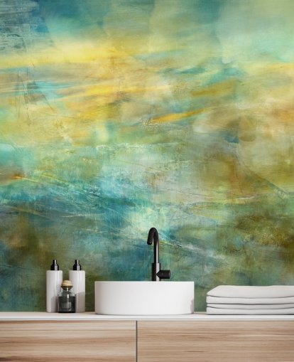 tilpassbart abstrakt veggmaleri kalt Green and Blue in Golden Glow fra kunstneren Annette Schmucker tilpassbart abstrakt veggmaleri kalt Green and Blue in Golden Glow fra kunstneren Annette Schmucker