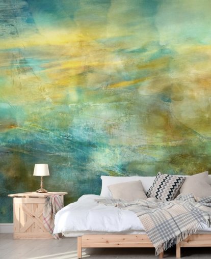 customisable abstract mural called Green and Blue in Golden Glow from artist Annette Schmucker