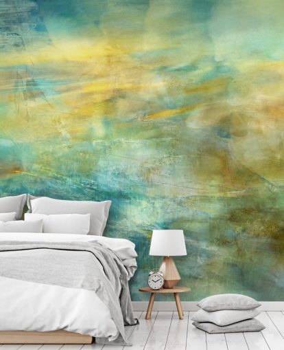 customisable abstract mural called Green and Blue in Golden Glow from artist Annette Schmucker customisable abstract mural called Green and Blue in Golden Glow from artist Annette Schmucker