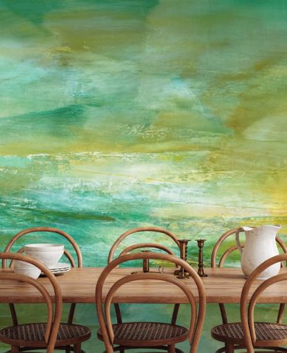 customizable green and yellow abstract mural called Melody in Lime and Lemon Panoramic
