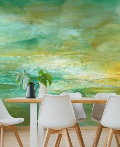 aanpasbare groene en gele abstracte muurschildering genaamd Melody in Lime and Lemon Panoramic