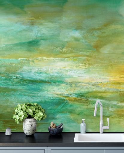 aanpasbare groene en gele abstracte muurschildering genaamd Melody in Lime and Lemon Panoramic