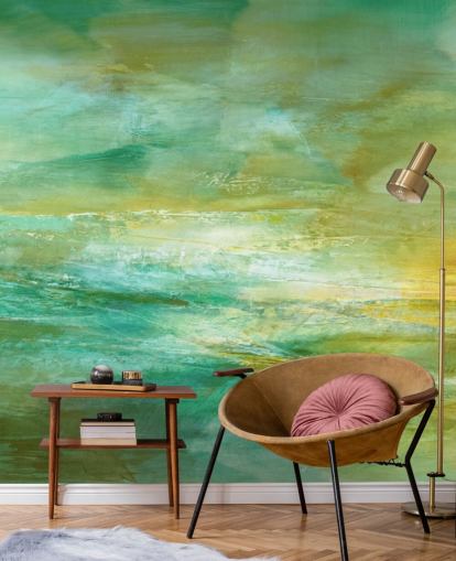 customisable green and yellow abstract mural called Melody in Lime and Lemon Panoramic