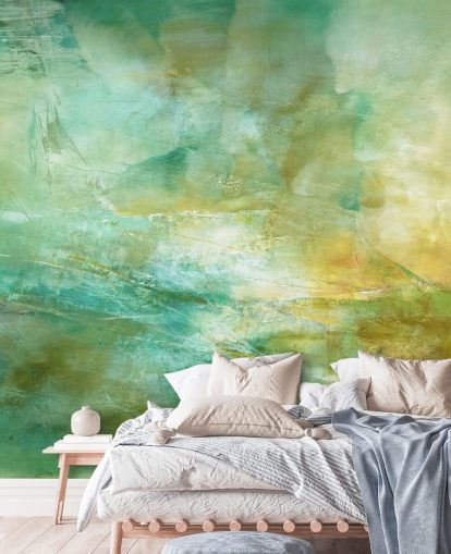 groene en gele abstracte muurschildering op maat genaamd Melody in Lime and Lemon van Annette Schmucker