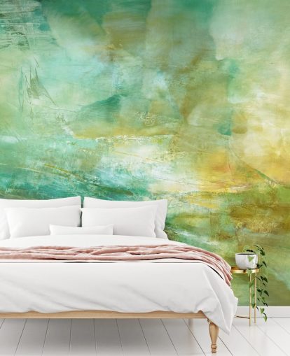 mural abstracto personalizado verde y amarillo llamado Melody in Lime and Lemon de Annette Schmucker