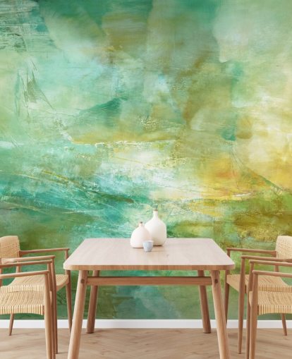 groene en gele abstracte muurschildering op maat genaamd Melody in Lime and Lemon van Annette Schmucker