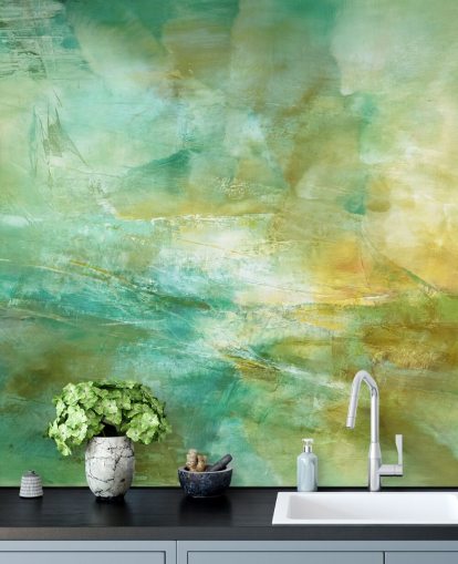 grønt og gult brugerdefineret abstrakt vægmaleri kaldet Melody in Lime and Lemon fra Annette Schmucker grønt og gult brugerdefineret abstrakt vægmaleri kaldet Melody in Lime and Lemon fra Annette Schmucker