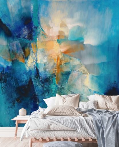 mural abstracto azul personalizable llamado Spring is Knocking de Annette Schmucker para baños y salas de estar mural abstracto azul personalizable llamado Spring is Knocking de Annette Schmucker para baños y salas de estar