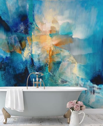 mural abstracto azul personalizable llamado Spring is Knocking de Annette Schmucker para baños y salas de estar mural abstracto azul personalizable llamado Spring is Knocking de Annette Schmucker para baños y salas de estar
