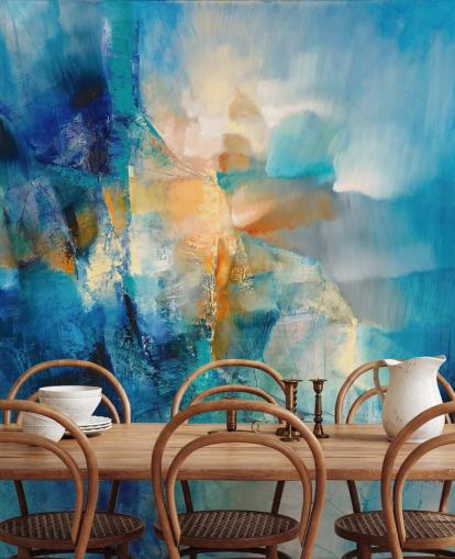 peinture murale abstraite bleue personnalisable intitulée Spring is Knocking d'Annette Schmucker pour les salles de bain et les salons