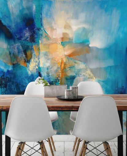 mural abstracto azul personalizable llamado Spring is Knocking de Annette Schmucker para baños y salas de estar