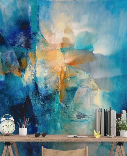 customizable blue abstract mural called Spring is Knocking by Annette Schmucker for bathrooms and living rooms