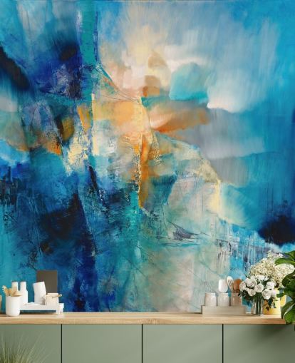 mural abstracto azul personalizable llamado Spring is Knocking de Annette Schmucker para baños y salas de estar mural abstracto azul personalizable llamado Spring is Knocking de Annette Schmucker para baños y salas de estar
