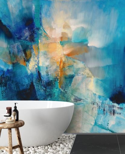 aanpasbare blauwe abstracte muurschildering genaamd Spring is Knocking van Annette Schmucker voor badkamers en woonkamers aanpasbare blauwe abstracte muurschildering genaamd Spring is Knocking van Annette Schmucker voor badkamers en woonkamers