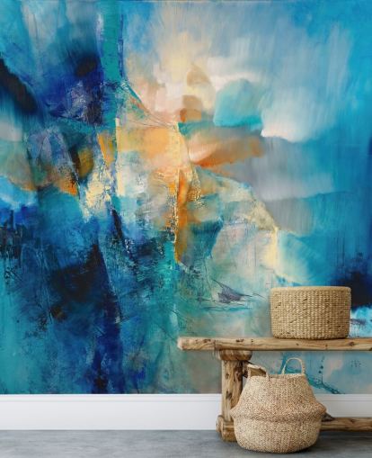 mural abstracto azul personalizable llamado Spring is Knocking de Annette Schmucker para baños y salas de estar mural abstracto azul personalizable llamado Spring is Knocking de Annette Schmucker para baños y salas de estar