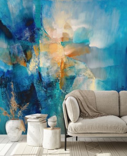 mural abstrato azul personalizável chamado Spring is Knocking de Annette Schmucker para banheiros e salas de estar