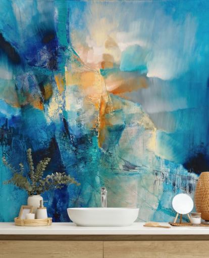 customisable blue abstract mural called Spring is Knocking by Annette Schmucker for bathrooms and living rooms