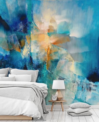 mural abstracto azul personalizable llamado Spring is Knocking de Annette Schmucker para baños y salas de estar mural abstracto azul personalizable llamado Spring is Knocking de Annette Schmucker para baños y salas de estar