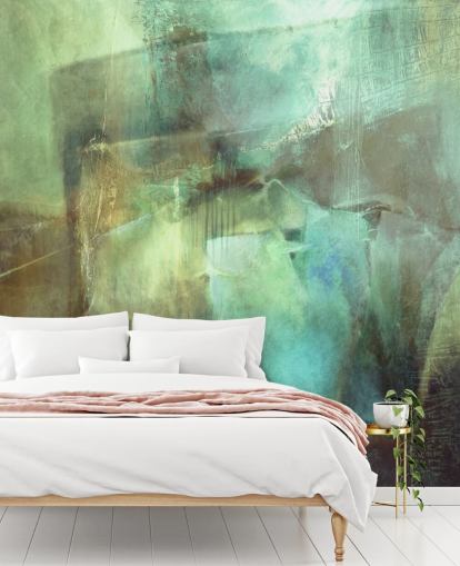 vihreä ja ruskea abstrakti seinämaalaus nimeltä The Vastness In Between, kirjoittanut Annette Schmucker vihreä ja ruskea abstrakti seinämaalaus nimeltä The Vastness In Between, kirjoittanut Annette Schmucker