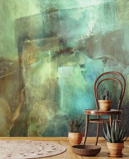 peinture murale abstraite verte et brune intitulée The Vastness In Between par Annette Schmucker