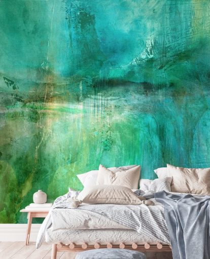 personalisierbares abstraktes Wandbild mit dem Titel Verdant Whispers in the Blue Square von Annette Schmucker personalisierbares abstraktes Wandbild mit dem Titel Verdant Whispers in the Blue Square von Annette Schmucker