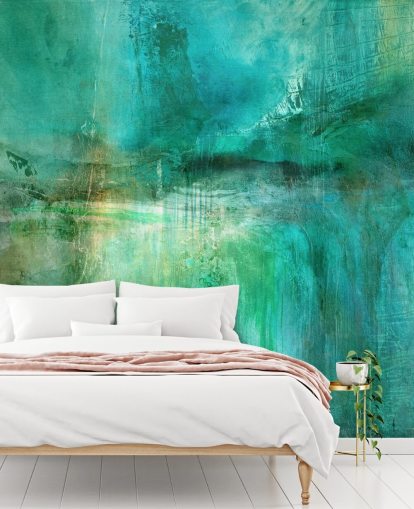 aanpasbare abstracte muurschildering genaamd Verdant Whispers in the Blue Square van Annette Schmucker aanpasbare abstracte muurschildering genaamd Verdant Whispers in the Blue Square van Annette Schmucker