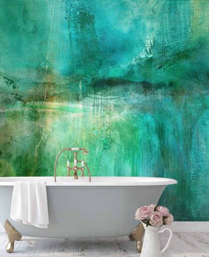personalisierbares abstraktes Wandbild mit dem Titel Verdant Whispers in the Blue Square von Annette Schmucker