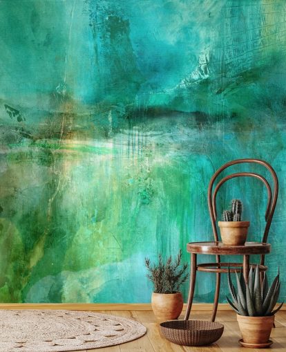 peinture murale abstraite personnalisable intitulée Verdant Whispers in the Blue Square d'Annette Schmucker peinture murale abstraite personnalisable intitulée Verdant Whispers in the Blue Square d'Annette Schmucker