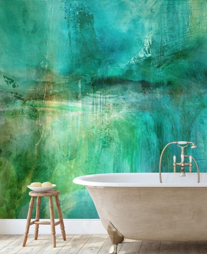 peinture murale abstraite personnalisable intitulée Verdant Whispers in the Blue Square d'Annette Schmucker