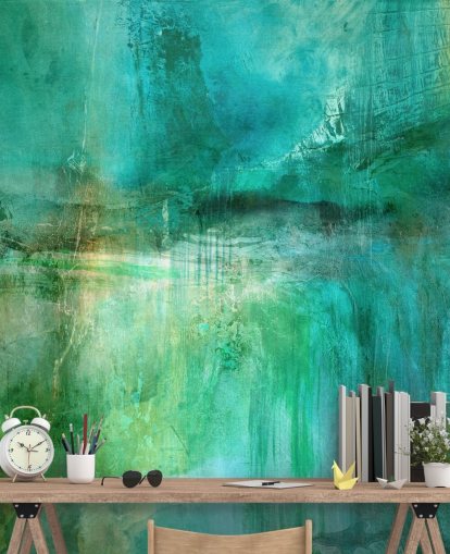 murale astratto personalizzabile chiamato Verdant Whispers in the Blue Square di Annette Schmucker