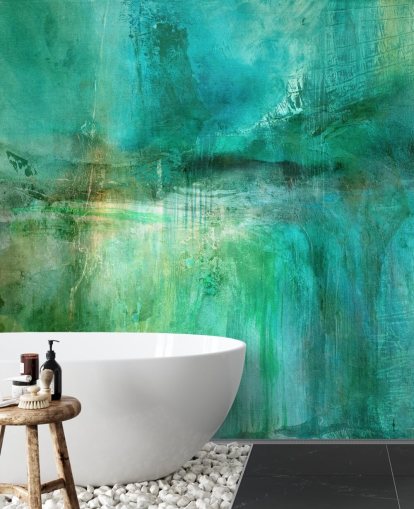 mural abstracto personalizable llamado Verdant Whispers in the Blue Square de Annette Schmucker mural abstracto personalizable llamado Verdant Whispers in the Blue Square de Annette Schmucker
