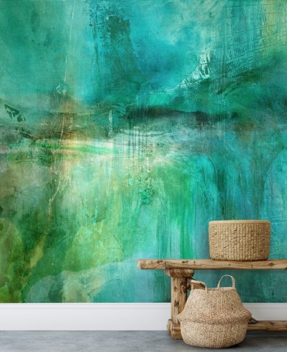 mural abstrato personalizável chamado Verdant Whispers in the Blue Square de Annette Schmucker