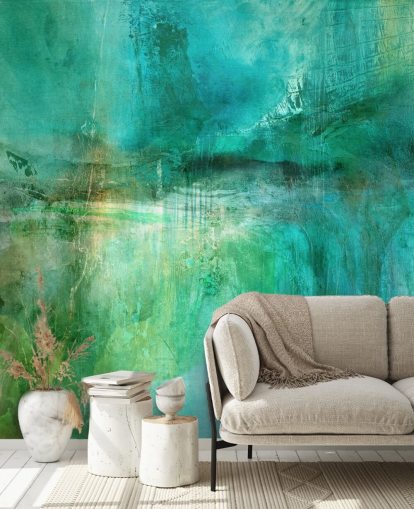 peinture murale abstraite personnalisable intitulée Verdant Whispers in the Blue Square d'Annette Schmucker peinture murale abstraite personnalisable intitulée Verdant Whispers in the Blue Square d'Annette Schmucker