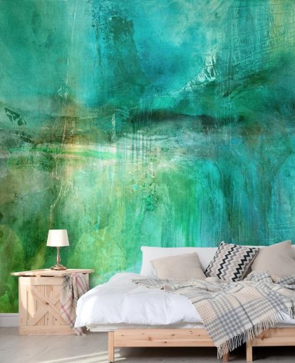 mural abstrato personalizável chamado Verdant Whispers in the Blue Square de Annette Schmucker