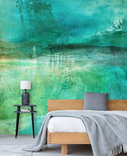 blue abstract mural called Verdant Whispers in the Blue Square Panoramic by Annette Schmucker blue abstract mural called Verdant Whispers in the Blue Square Panoramic by Annette Schmucker